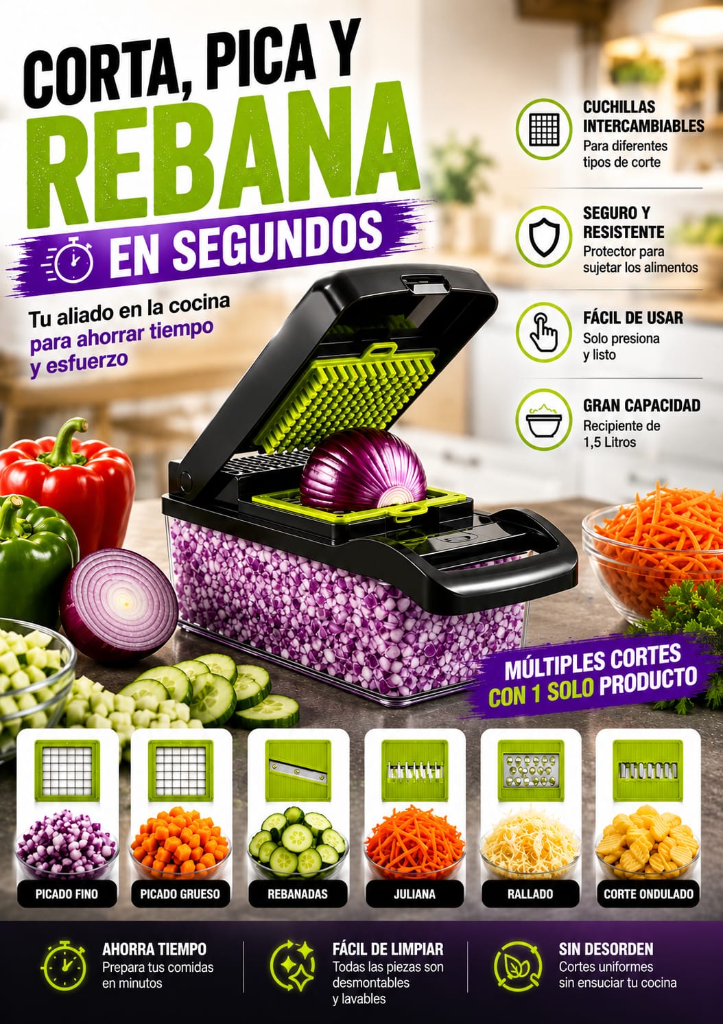 🥗 Cortador Multifuncional 14 en 1 | Corta, Pica, Rebana y Ralla en Segundos