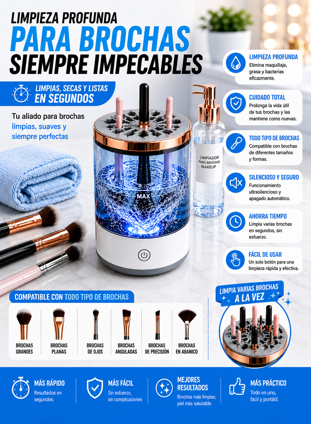 Limpiador de Brochas de Maquillaje Eléctrico 3 en 1 – Limpia Brochas Maquillaje y Seca en 30s